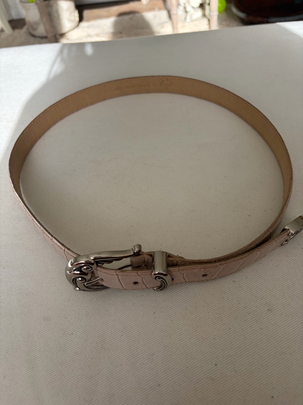 Brighton Vintage Bone Croco Leather Belt WN103 Silver Scrollwork Buckle 3pc Set